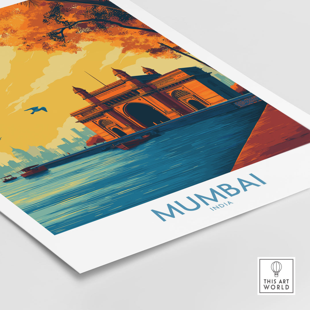 Mumbai India Golden Hour Archway Wall Art featuring the Gateway of India in warm sunset tones.