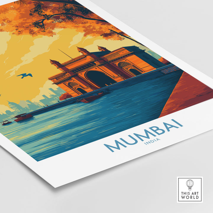 Mumbai India Golden Hour Archway Wall Art featuring the Gateway of India in warm sunset tones.