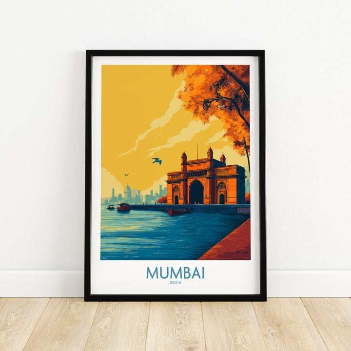 Mumbai India Golden Hour Archway Wall Art featuring the Gateway of India with warm sunset colors.