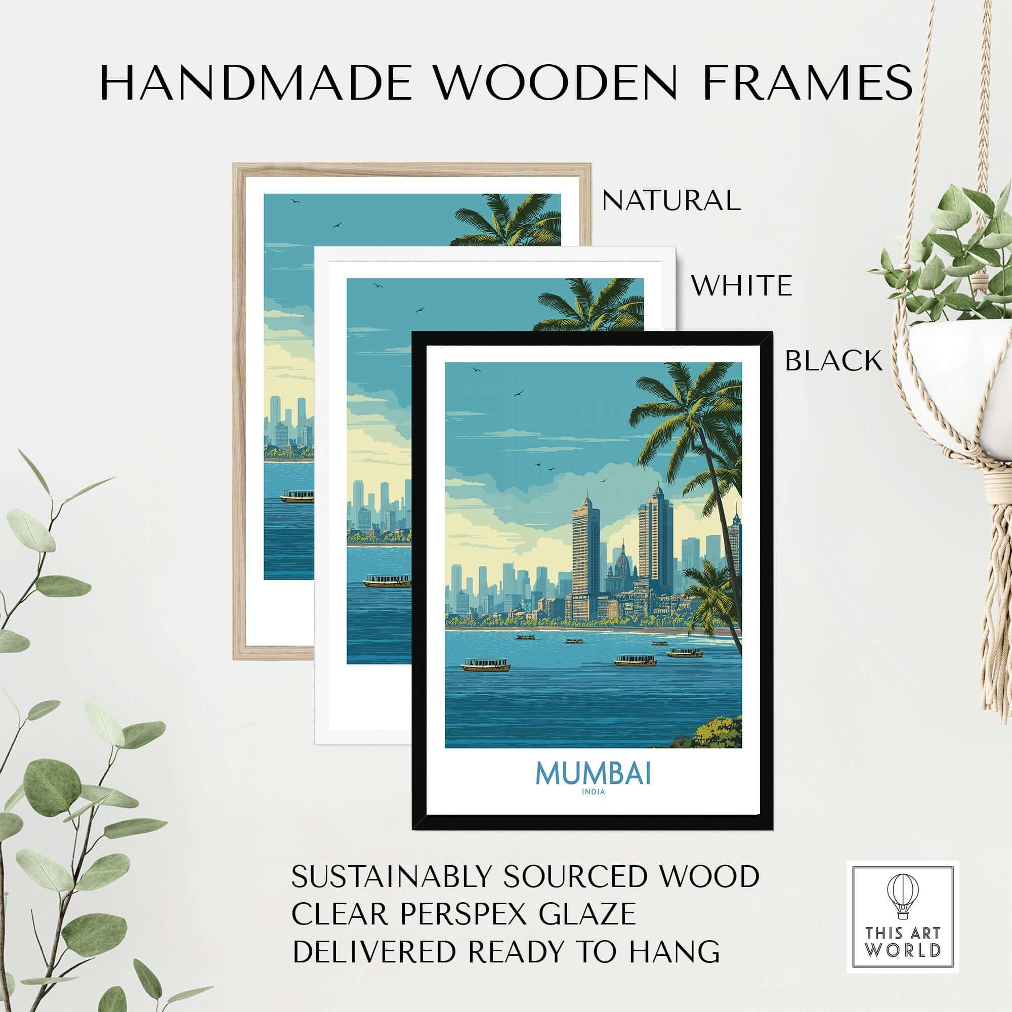Mumbai India Oceanfront Skyline Poster - Indian Seashore Travel Decor with handmade wooden frames in natural, white, and black.