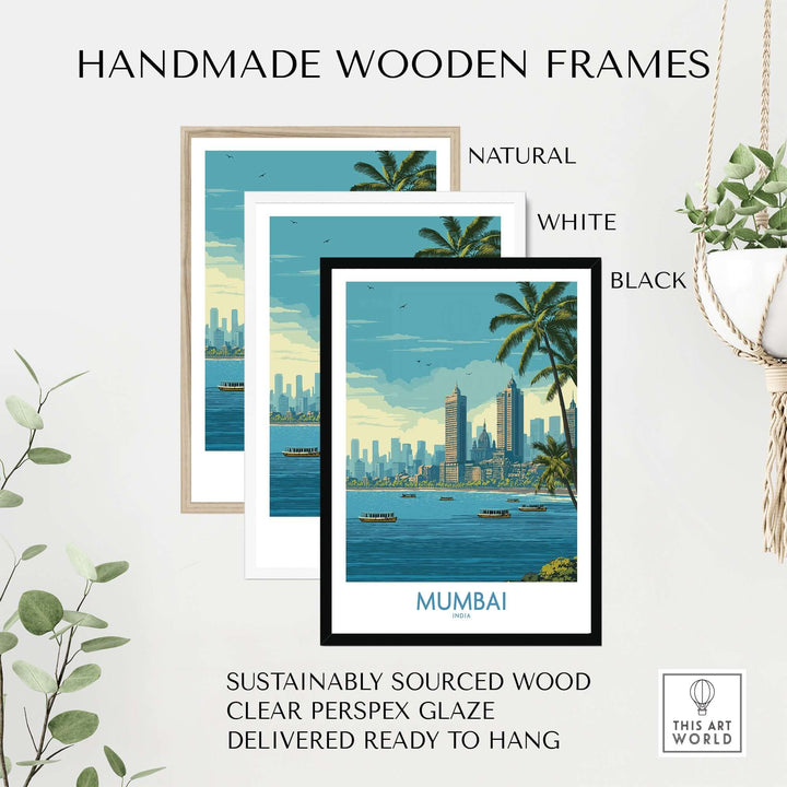 Handmade wooden frames in natural, white, and black for Mumbai oceanfront skyline poster, sustainably sourced.