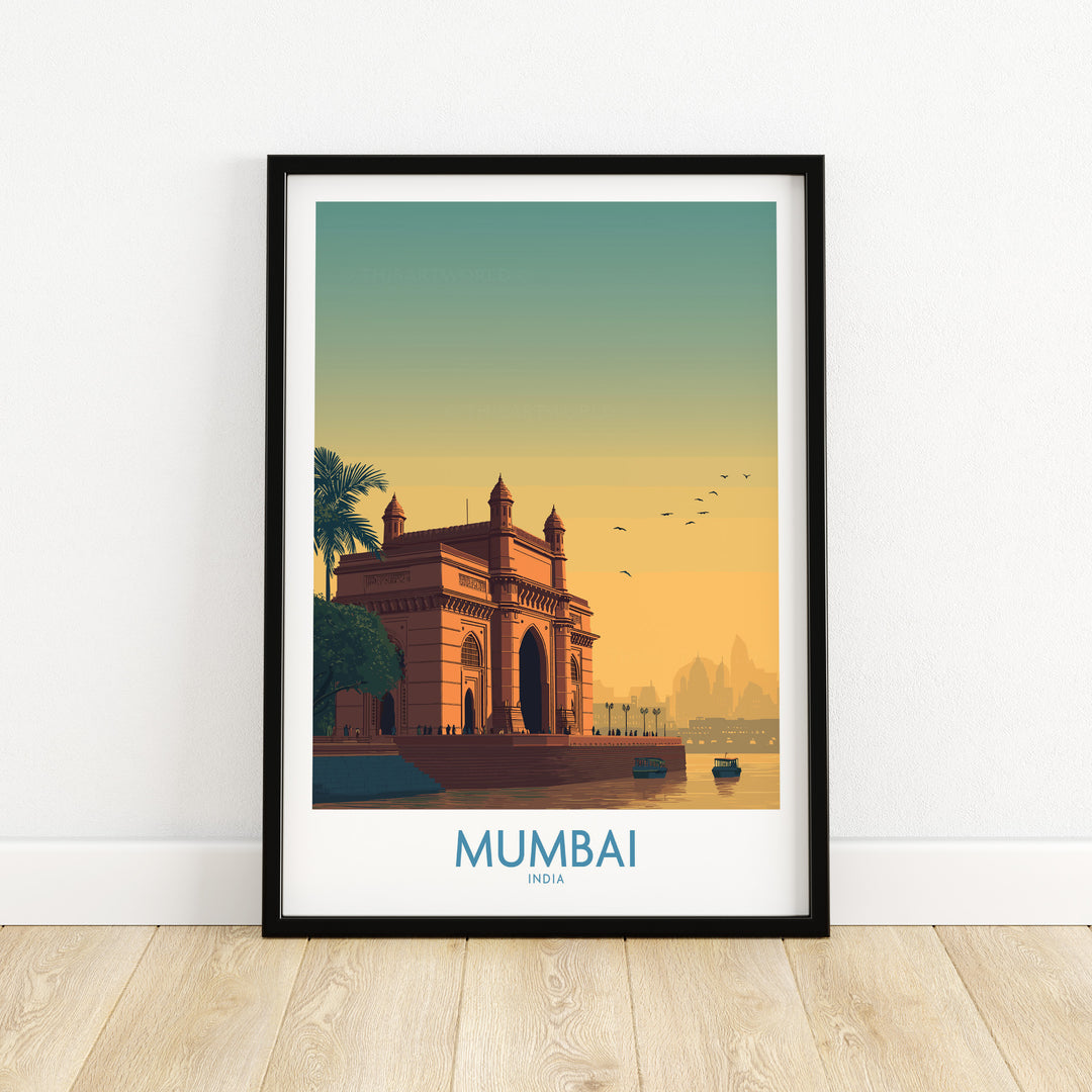 Mumbai harbor view travel print featuring the historic Gateway of India at sunset.