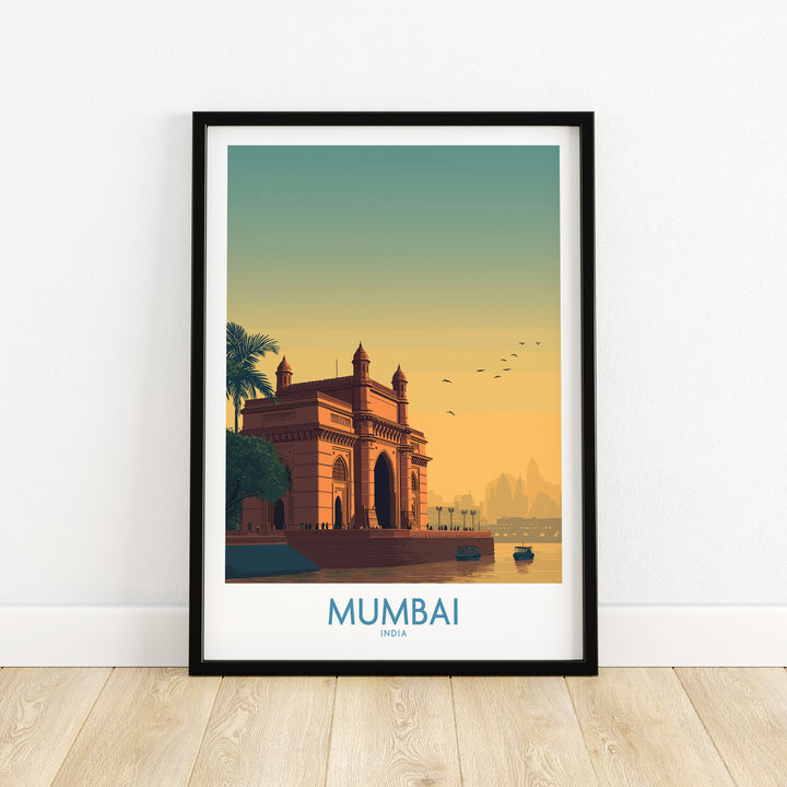 Mumbai harbor view travel print featuring the historic Gateway of India at sunset.