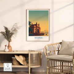 Mumbai India Harbor View Travel Print - Historic Gateway of India artwork displayed in a stylish living room.