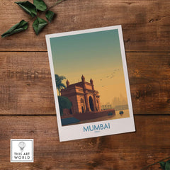 Mumbai India Harbor View Travel Print - Historic Gateway of India artwork on wooden table