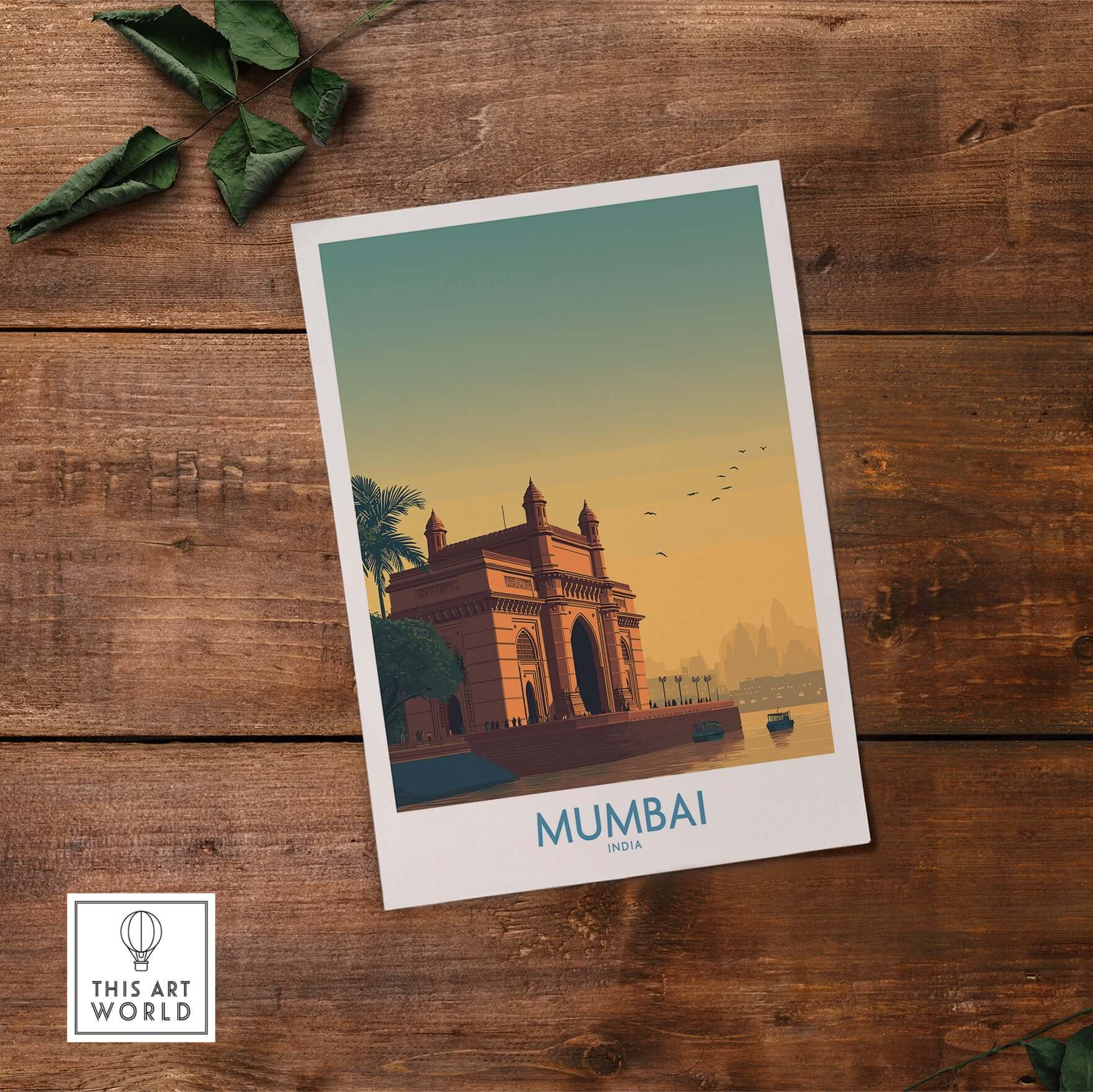 Mumbai India Harbor View Travel Print - Historic Gateway of India artwork on wooden table