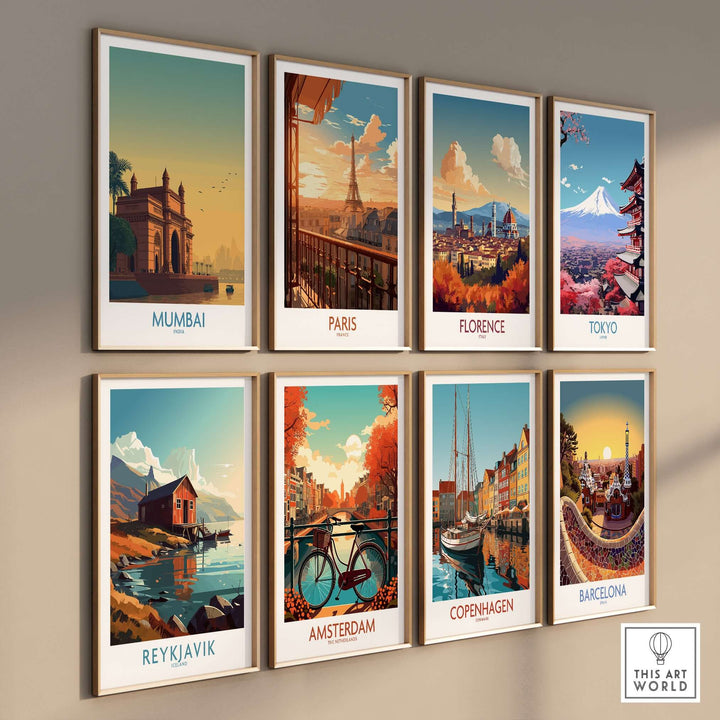 Gallery of travel prints featuring iconic landmarks from Mumbai, Paris, Florence, Tokyo, Reykjavik, Amsterdam, Copenhagen, and Barcelona.