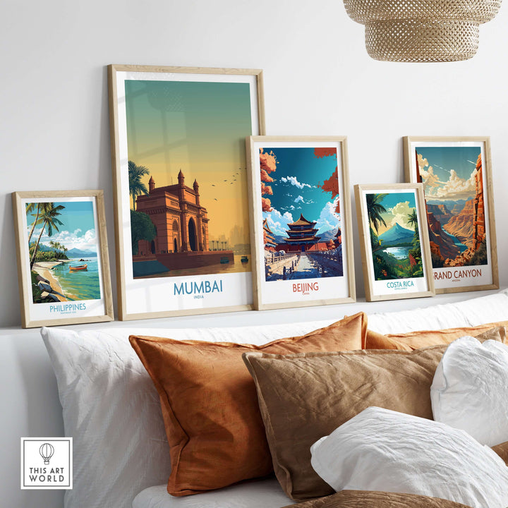 Collection of framed travel prints including Mumbai, Beijing, Philippines, Costa Rica, and Grand Canyon.