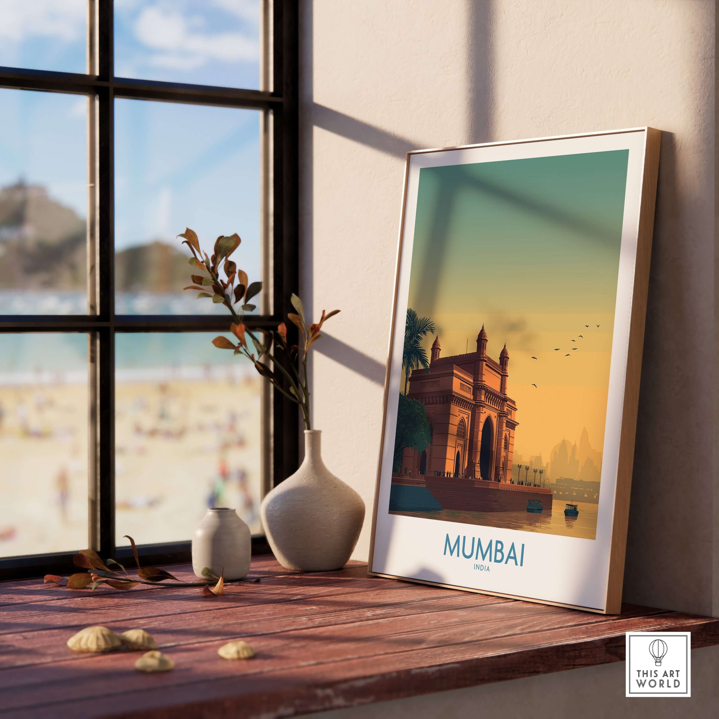 Mumbai India Harbor View Travel Print - Historic Gateway of India artwork displayed on a windowsill.