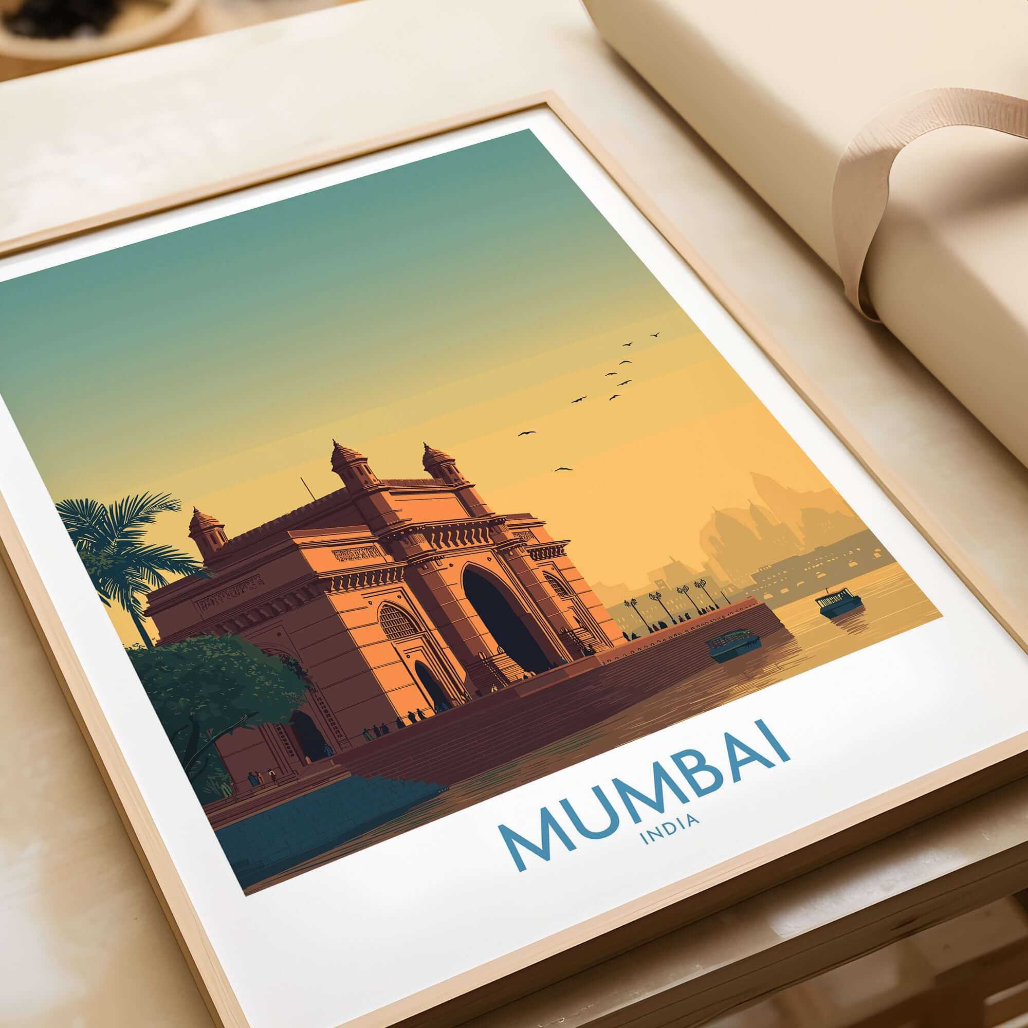 Mumbai India Harbor View Travel Print - Historic Gateway of India showcasing the vibrant waterfront and architectural beauty.