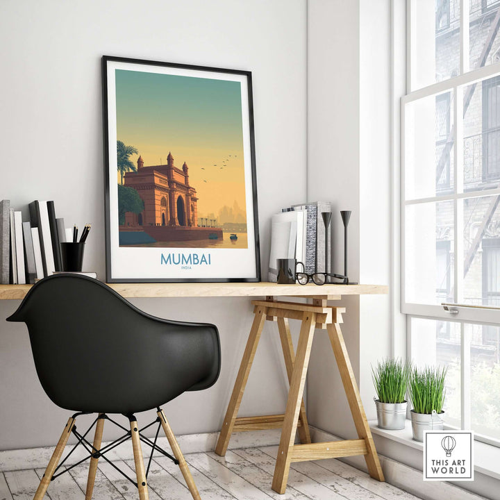 Stunning travel print of Mumbai's Gateway of India displayed in a modern office setting.