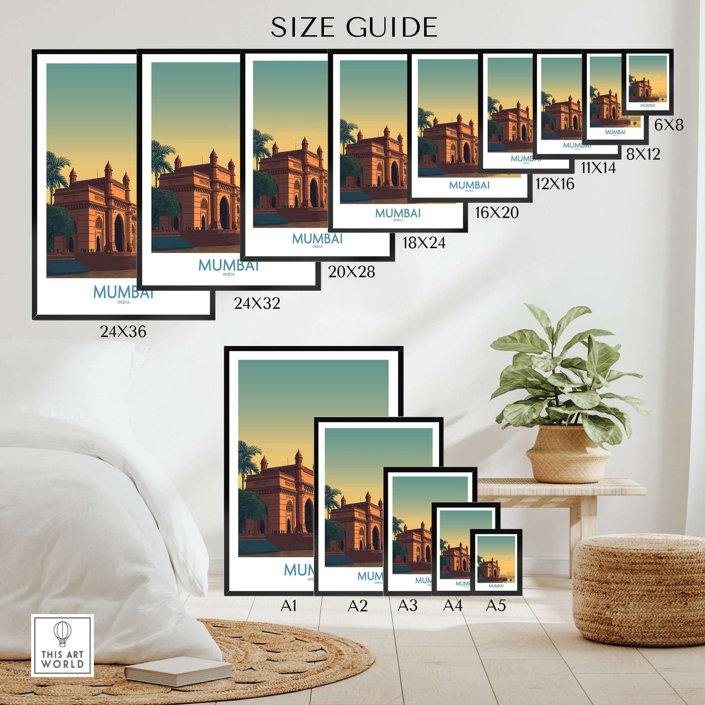 Mumbai India Harbor View Travel Print - Historic Gateway of India size guide with various frame options.