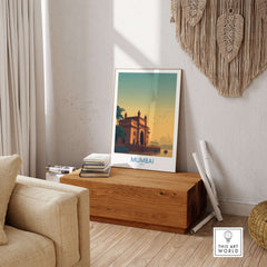 Mumbai India Harbor View Travel Print - Historic Gateway of India displayed in a stylish living room setting.