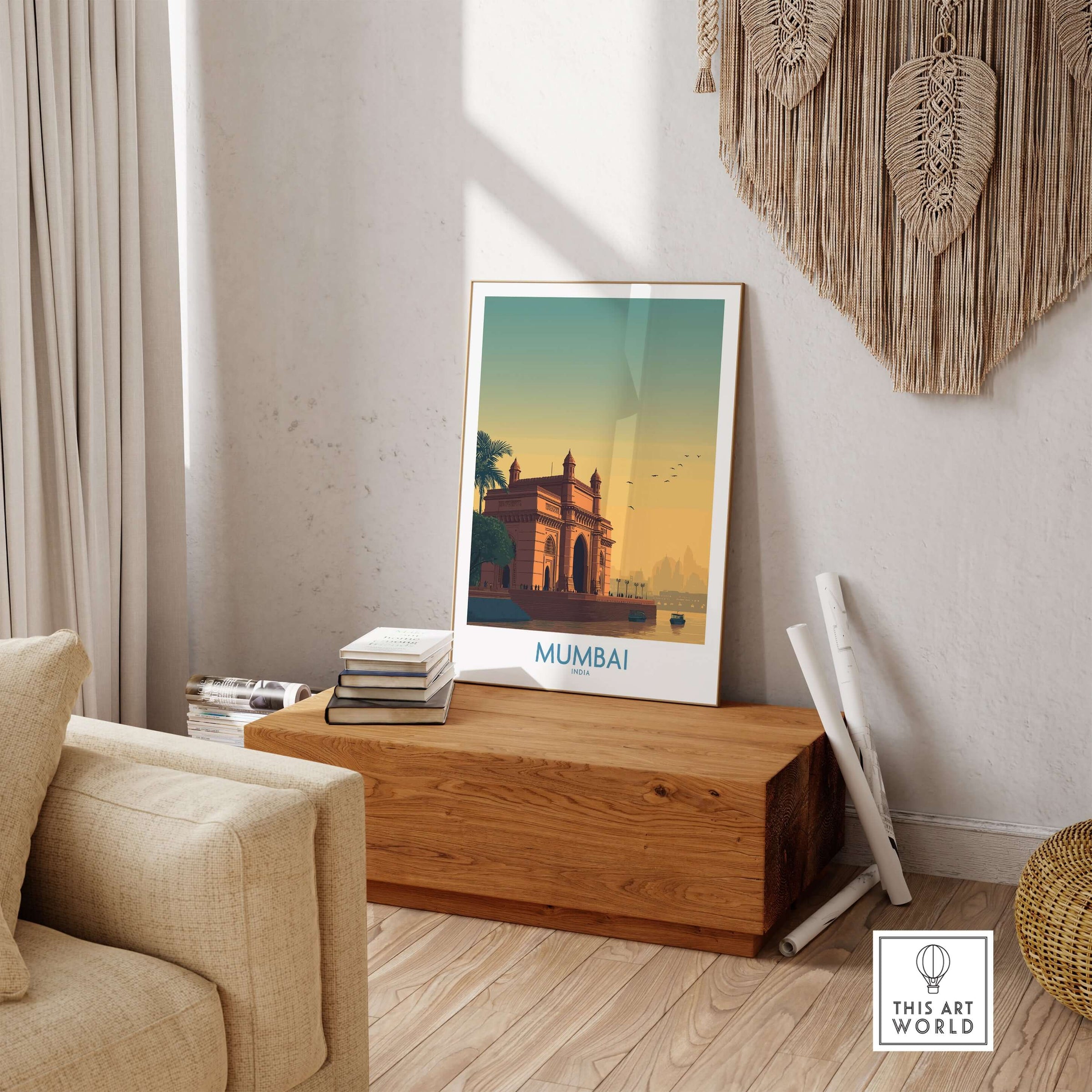 Mumbai India Harbor View Travel Print - Historic Gateway of India displayed in a stylish living room setting.