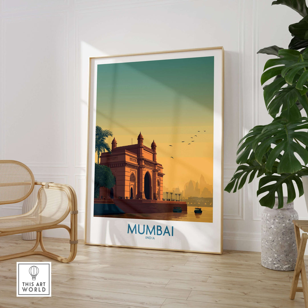 Mumbai harbor print showcasing Gateway of India, vibrant waterfront scene in a stylish interior setting.