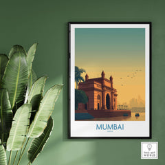 Mumbai India Harbor View Travel Print - Historic Gateway of India framed on a green wall with plants.