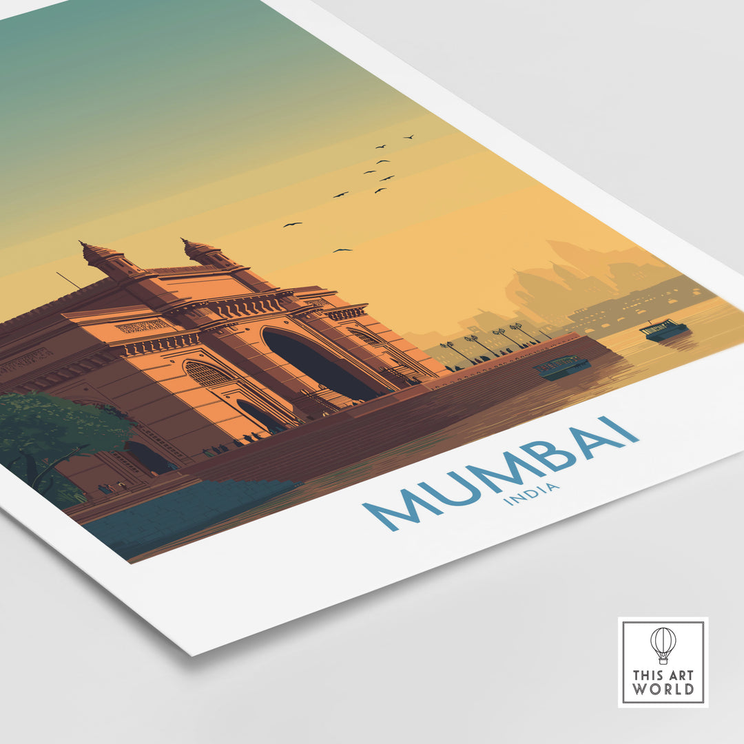 Mumbai harbor view print featuring the historic Gateway of India against a sunset backdrop.