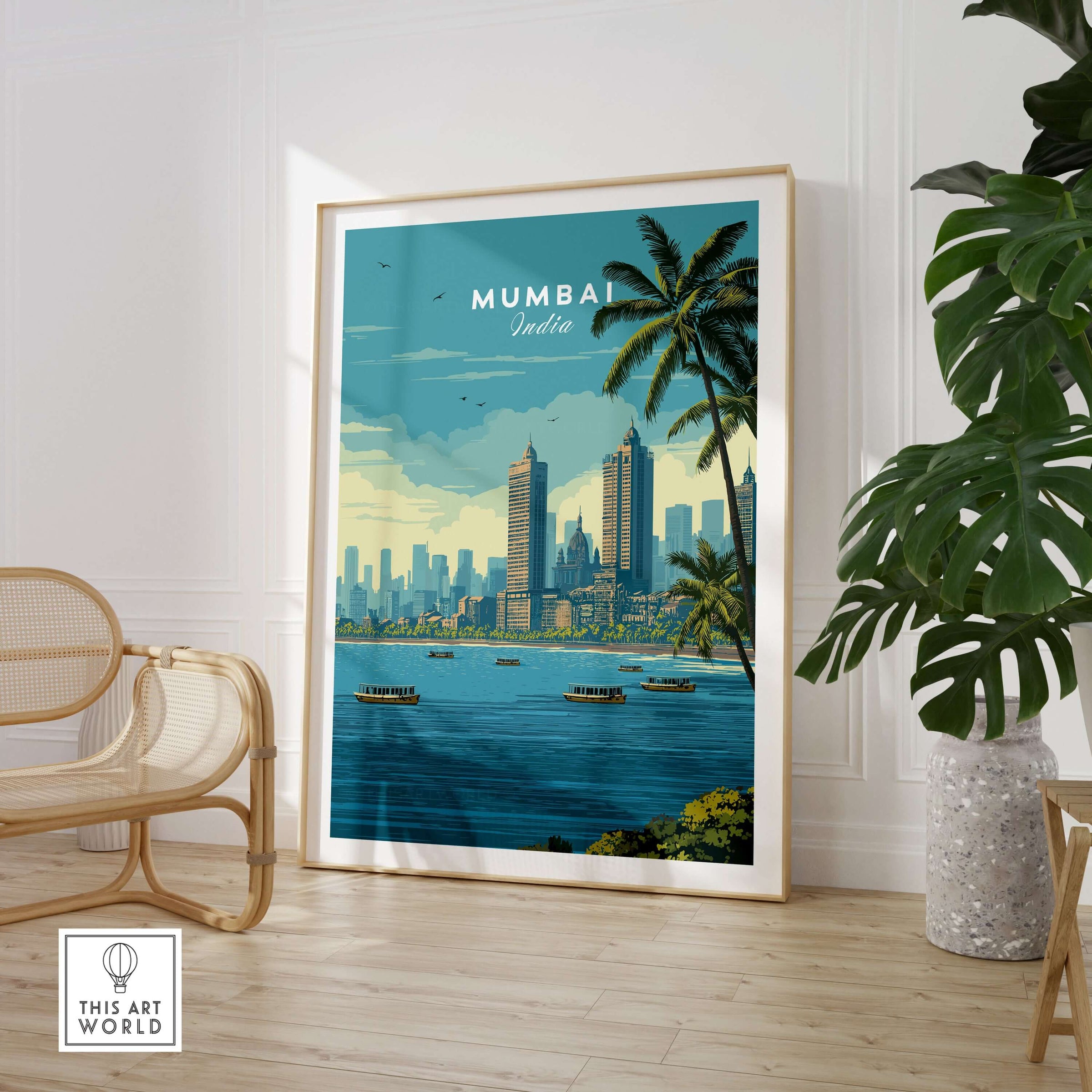 Mumbai India Marine Drive Palm Trees Print - Coastal City Wall Art in modern interior setting with palm trees and waterfront.