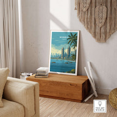 Mumbai India Marine Drive Palm Trees Print - Coastal City Wall Art displayed in a modern living room setting.