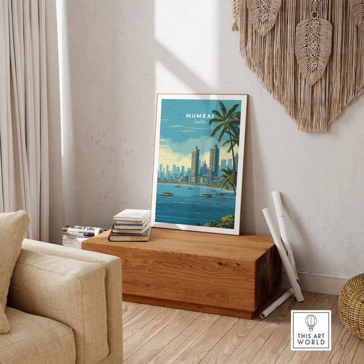 Mumbai Marine Drive palm trees print, coastal city wall art in a cozy living room setting