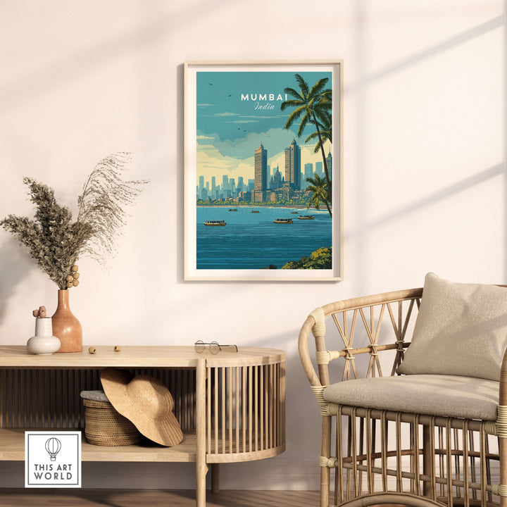 Mumbai Marine Drive palm trees print in a stylish living room setting with rattan furniture.