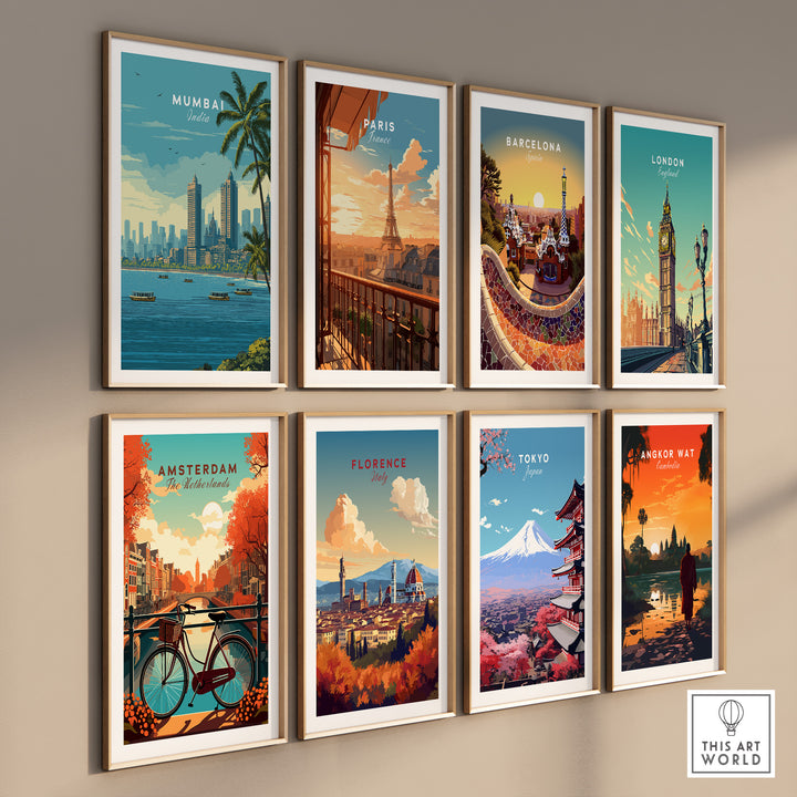 Collection of cityscape prints including Mumbai, Paris, Barcelona, and more, showcasing vibrant urban art for wall decor.