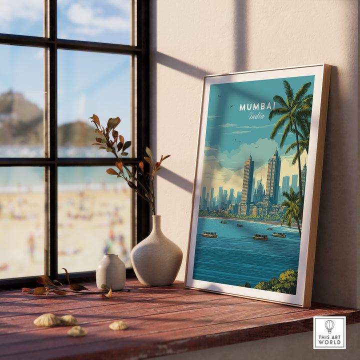 Mumbai Marine Drive palm trees print showcasing coastal city skyline and beach view, perfect for urban wall art.