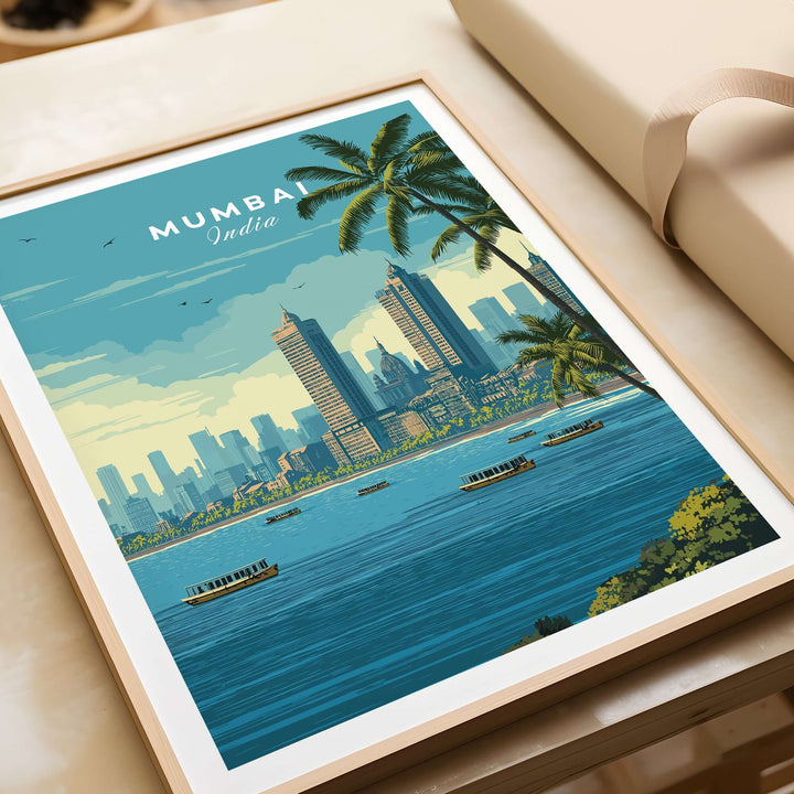 Mumbai India coastal city wall art featuring palm trees and skyline by the waterfront.