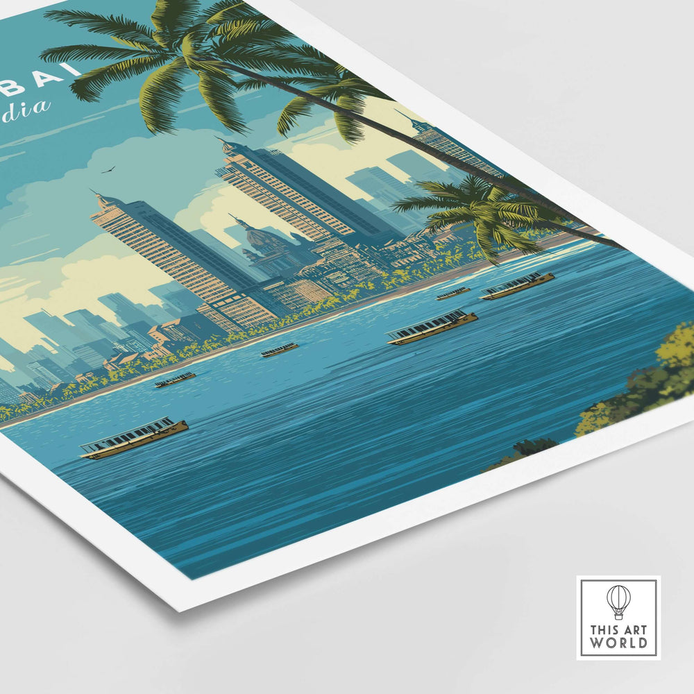 Mumbai Marine Drive wall art print featuring palm trees and coastal city skyline.
