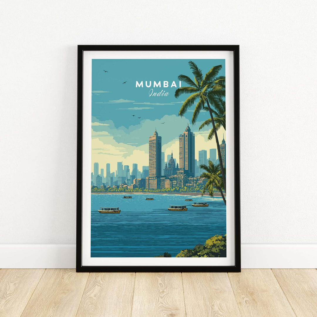 Mumbai Marine Drive palm trees print, coastal city wall art showcasing urban skyline and waterfront.