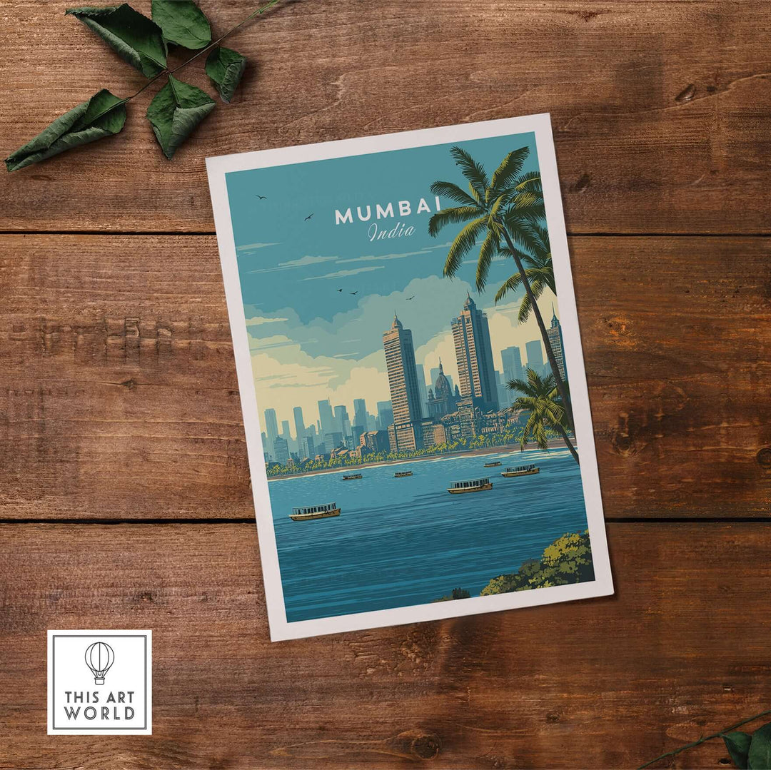 Mumbai Marine Drive palm trees print showcasing a coastal city skyline and serene waterfront scenery.