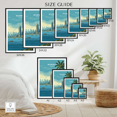 Mumbai India Marine Drive Palm Trees Print - Coastal City Wall Art size guide with various frame options.