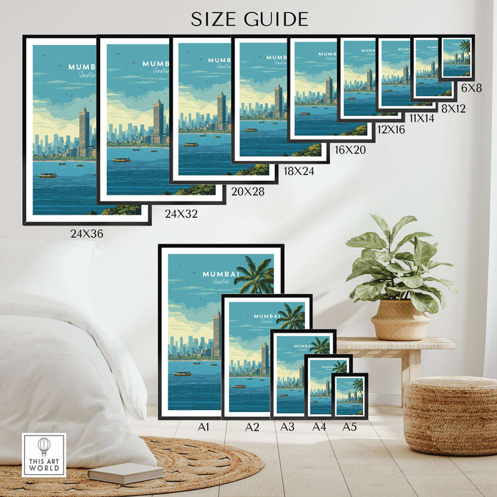 Size guide for Mumbai Marine Drive palm trees print, displaying available frame sizes for coastal wall art.