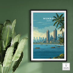 Mumbai India Marine Drive Palm Trees Print - Coastal City Wall Art showcasing palm trees and city skyline.