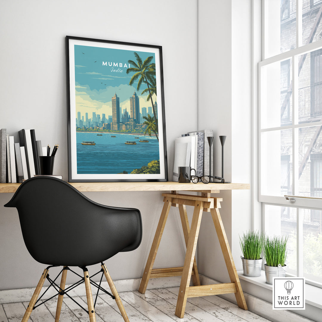 Mumbai Marine Drive palm trees wall art print, showcasing coastal city vibes and urban beauty in home decor.