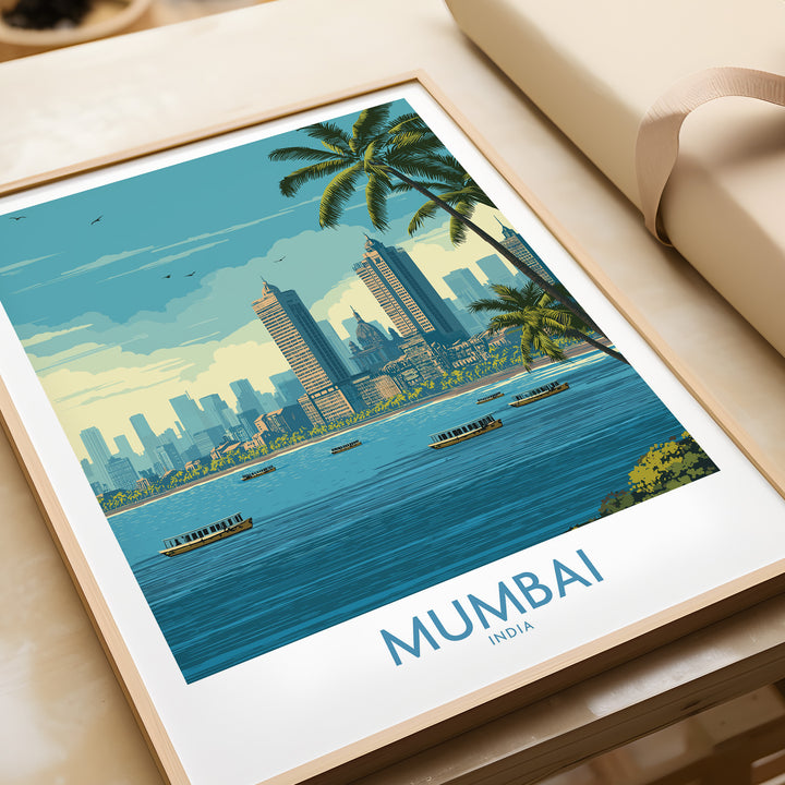 Mumbai oceanfront skyline poster featuring vibrant buildings and boats on the Indian seashore.