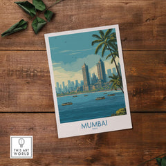 Mumbai India Oceanfront Skyline Poster - Indian Seashore Travel Decor showcasing a vibrant cityscape and coastal views.