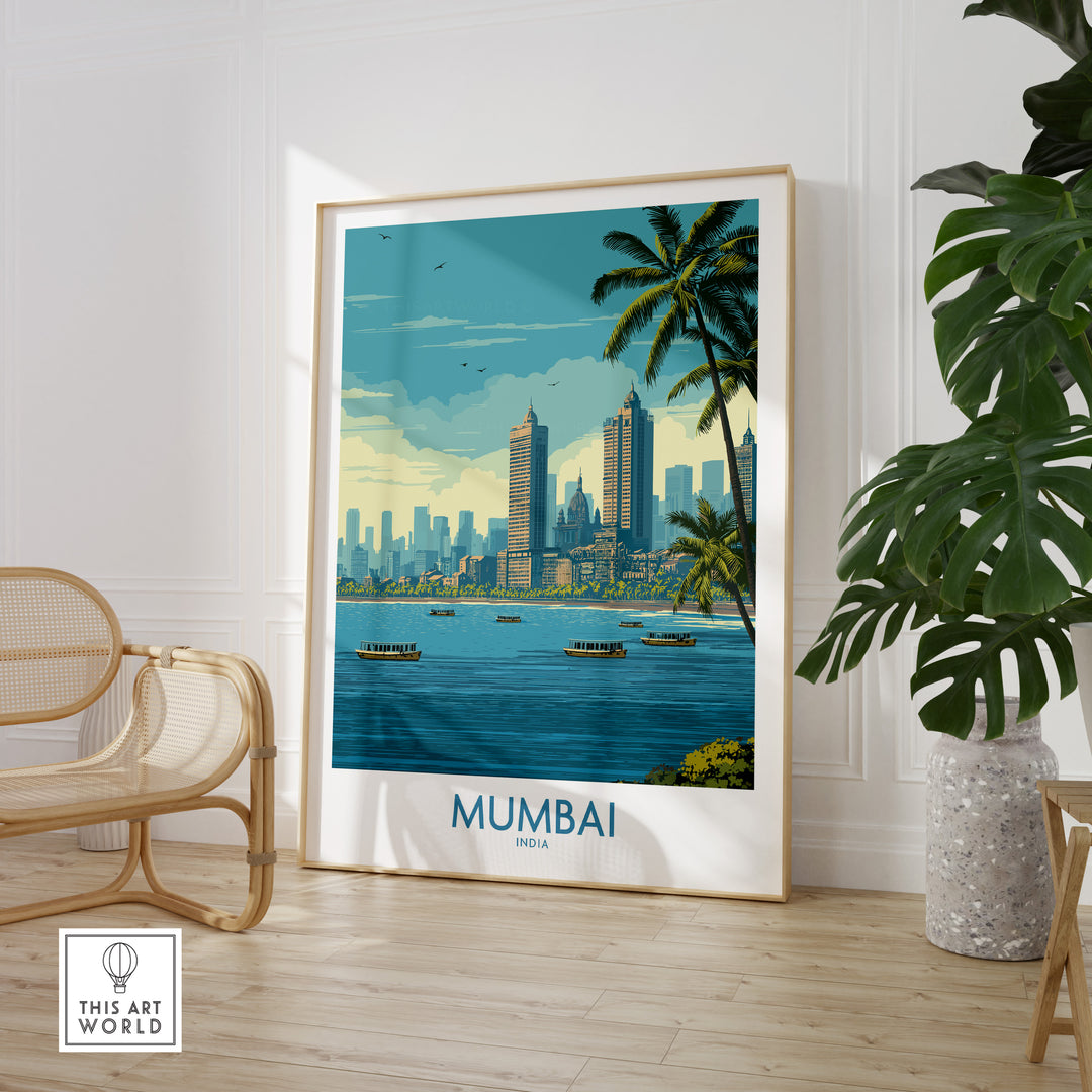 Mumbai oceanfront skyline poster showcasing vibrant cityscape and lush palms, perfect for travel decor.