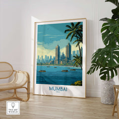 Mumbai India Oceanfront Skyline Poster - Indian Seashore Travel Decor in a stylish interior setting.