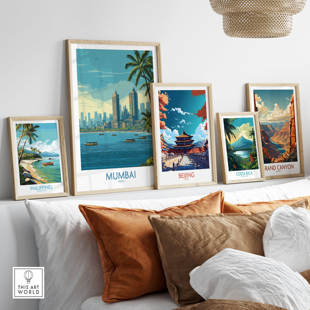 Framed Mumbai oceanfront skyline poster with travel decor from Philippines, Beijing, Costa Rica, and Grand Canyon.