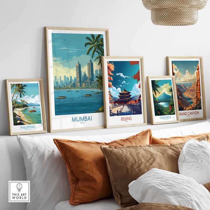 Framed Mumbai oceanfront skyline poster with travel decor from Philippines, Beijing, Costa Rica, and Grand Canyon.