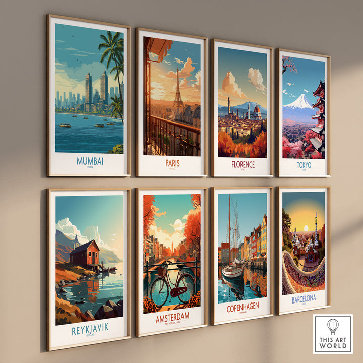 Gallery of city skyline posters: Mumbai, Paris, Florence, Tokyo, Reykjavik, Amsterdam, Copenhagen, Barcelona.
