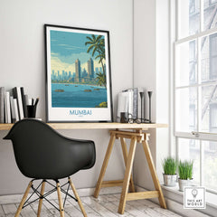 Mumbai India Oceanfront Skyline Poster - Indian Seashore Travel Decor showcased in a stylish interior setting.
