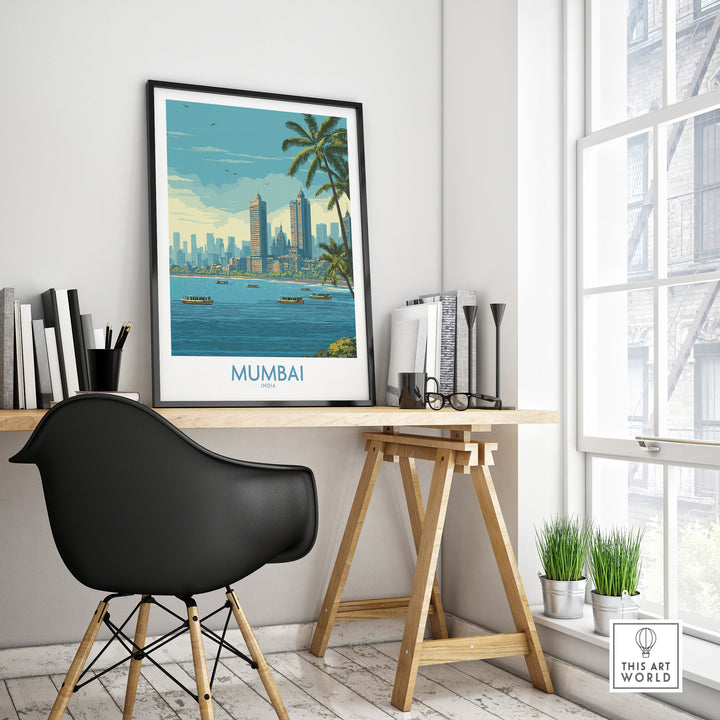 Mumbai oceanfront skyline poster in stylish workspace with palm trees and decorative elements.
