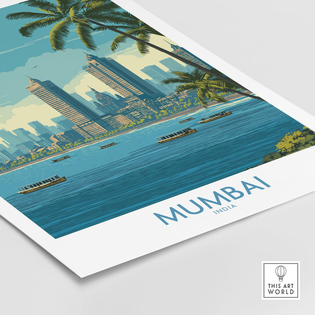 Mumbai skyline poster featuring oceanfront view, boats, and palm trees, perfect for travel home decor.