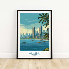 Mumbai India Oceanfront Skyline Poster - Indian Seashore Travel Decor showcasing vibrant cityscape and coastal view.