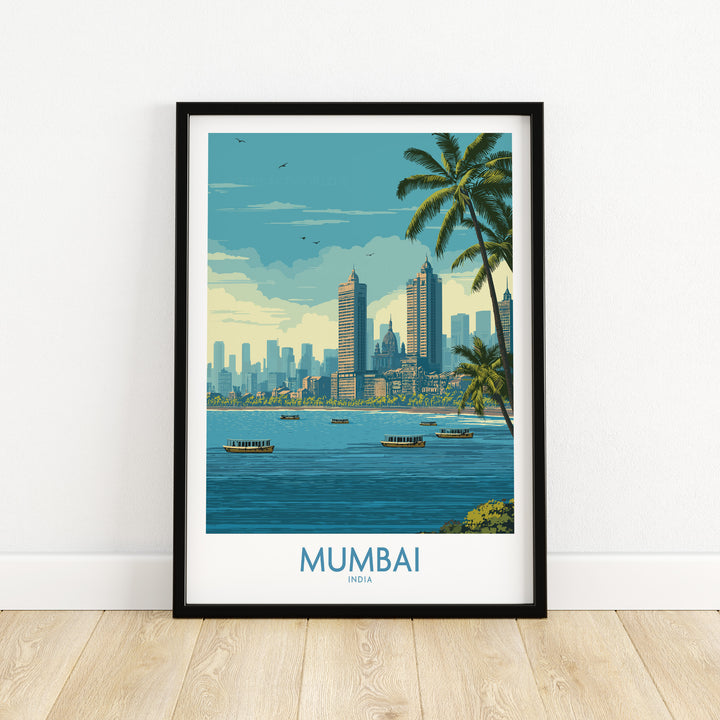Mumbai oceanfront skyline poster featuring skyscrapers and palm trees, perfect for travel decor.
