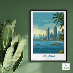 Mumbai India Oceanfront Skyline Poster - Indian Seashore Travel Decor showcasing vibrant cityscape and coastal beauty.