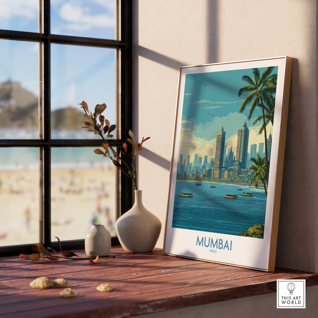 Mumbai oceanfront skyline poster featuring cityscape and palms, ideal for travel decor in scenic interiors.