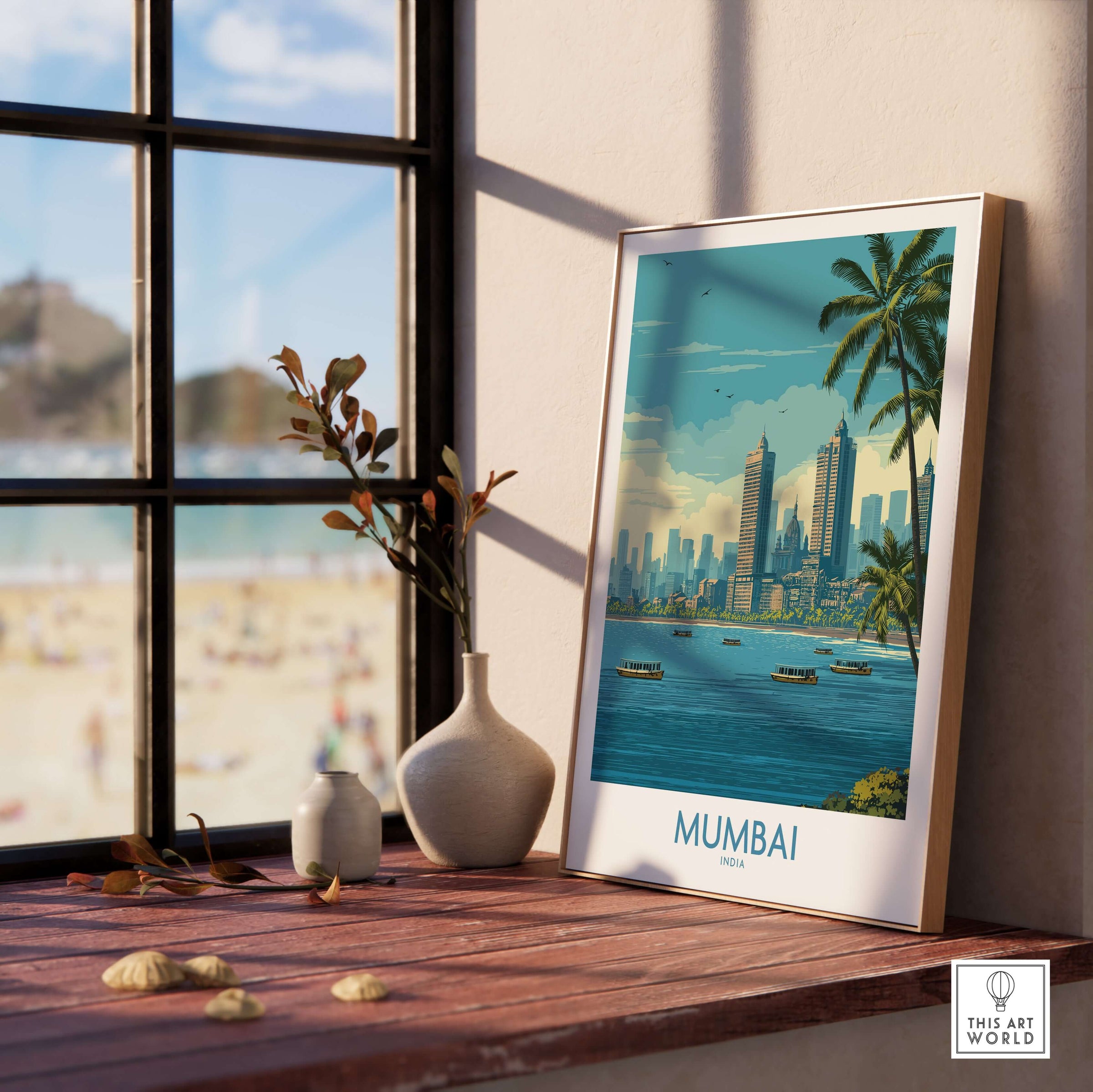 Mumbai India Oceanfront Skyline Poster - Indian Seashore Travel Decor displayed in a stylish interior setting.